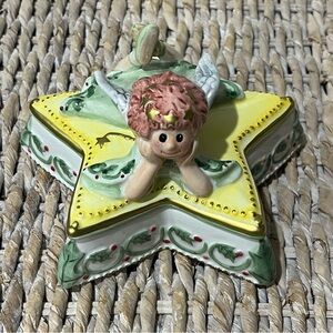 Fitz & Floyd Moonbeams Angel Small Trinket Box with Lid Christmas Holly 2 Piece